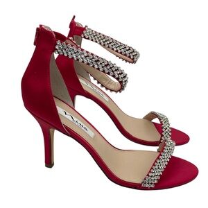 Nina Vauna satin embellished ankle strap red evening heels women’s Size 8M